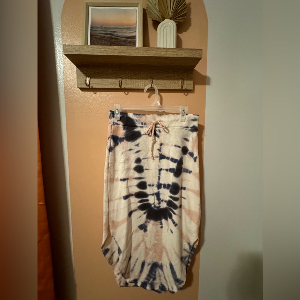 Tie Dye Sweatshirt Material MIDI Skirt with drawstring ties